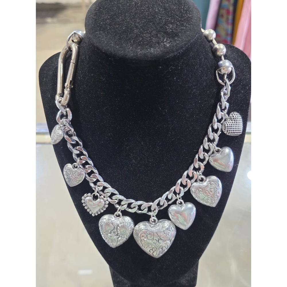 Silver Tone Multi Heart Charm Statement Necklace Curb Ball Chain Carabiner Clasp